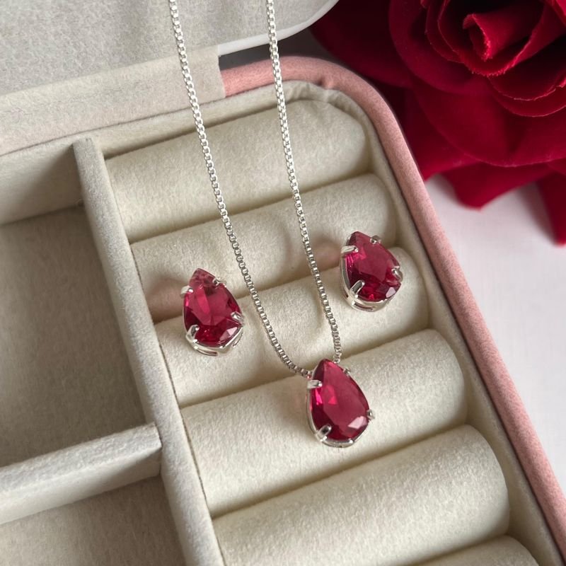 Conjunto Gota Rosa Cereja Banho Ouro 18k/Prata 925