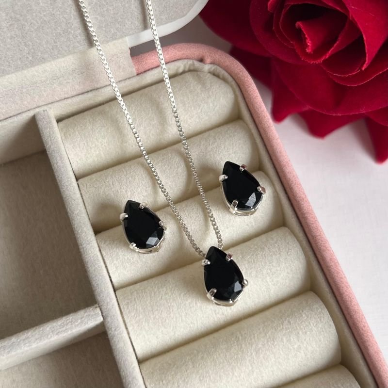 Conjunto Gota Preta Banho Ouro 18k/Prata 925