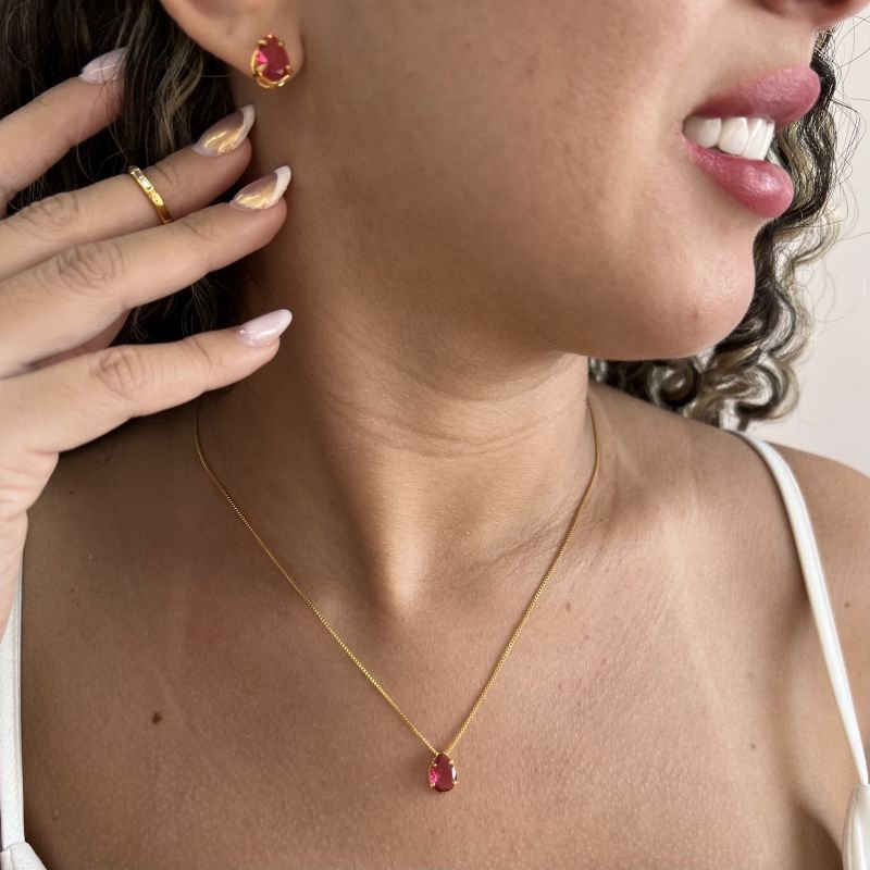 Conjunto Gota Rosa Cereja Banho Ouro 18k/Prata 925