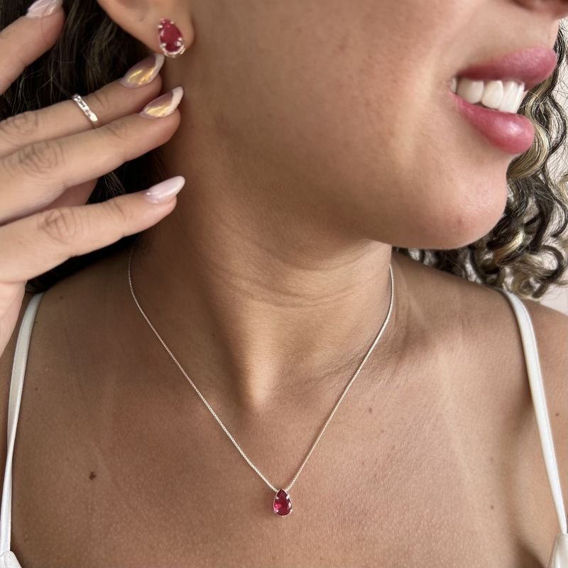 Conjunto Gota Rosa Cereja Banho Ouro 18k/Prata 925