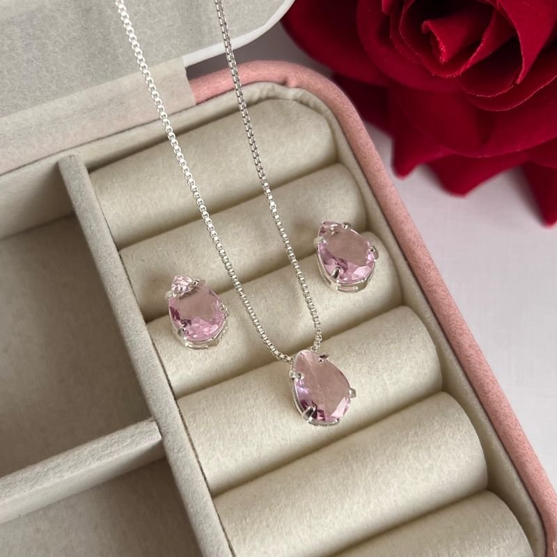 Conjunto Gota Rosa Claro Banho Ouro 18k/Prata 925