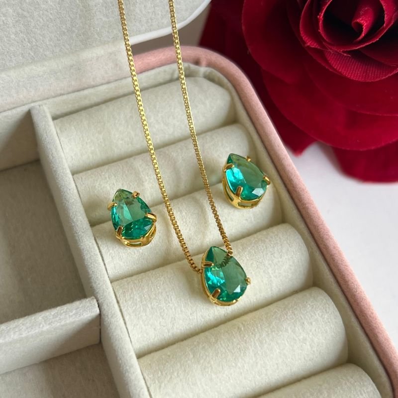Conjunto Gota Verde Claro Banho Ouro 18k/Prata 925