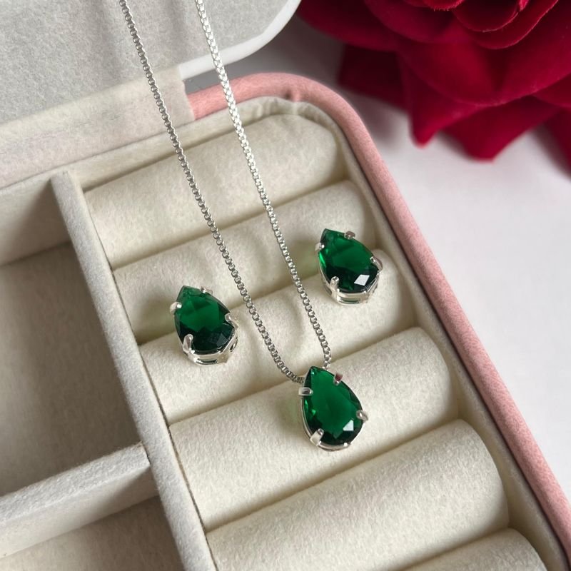 Conjunto Gota Esmeralda Banho Ouro 18k/Prata 925