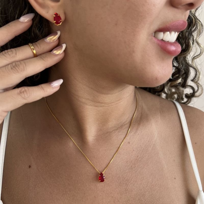Conjunto Gota Vermelho Banho Ouro 18k/Prata 925