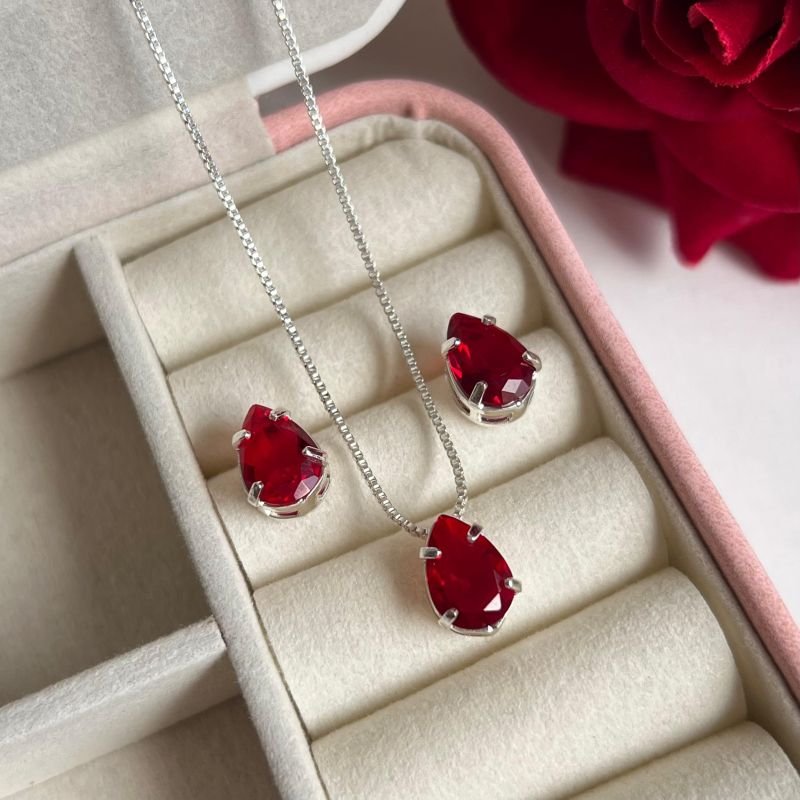 Conjunto Gota Vermelho Banho Ouro 18k/Prata 925