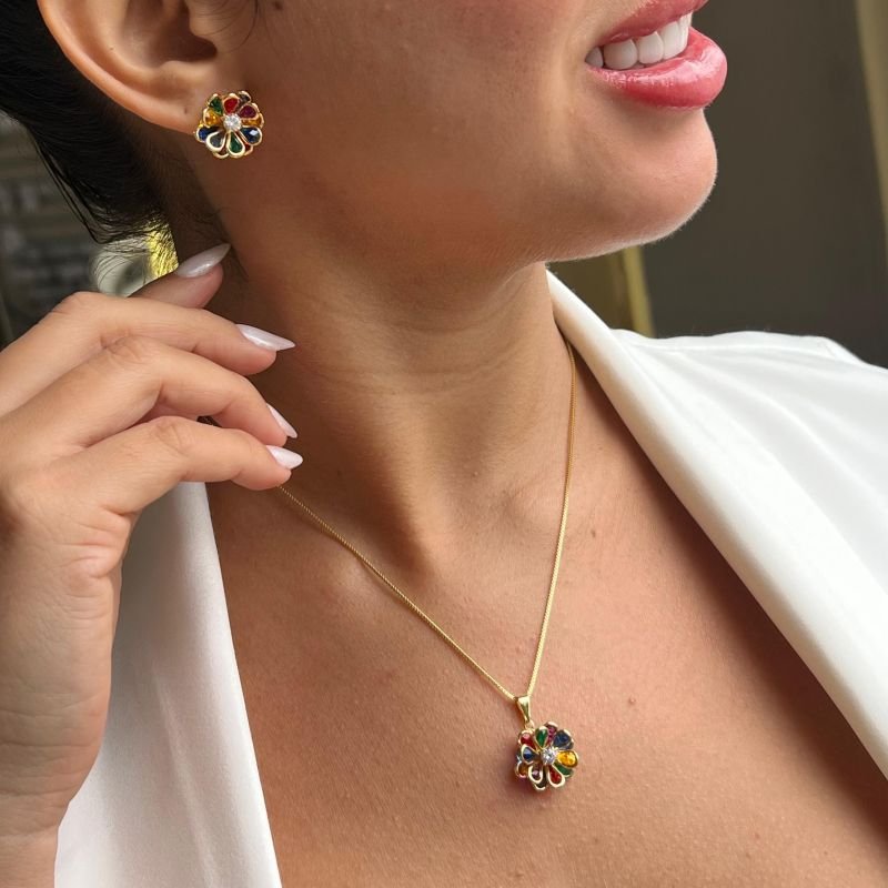 Conjunto Multicor Banho Ouro 18k / Prata 925