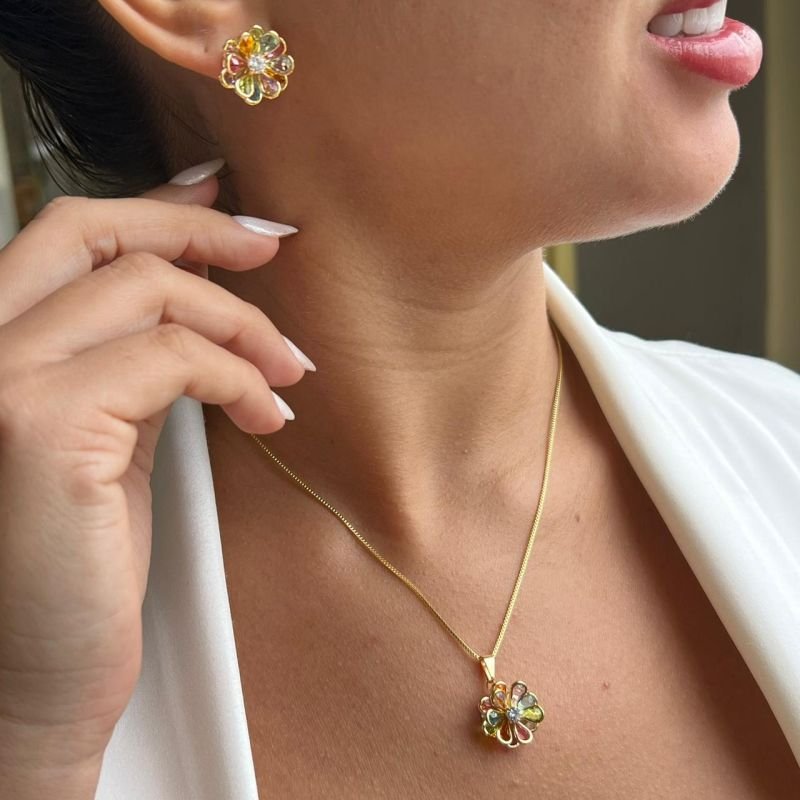 Conjunto Multicor Banho Ouro 18k / Prata 925