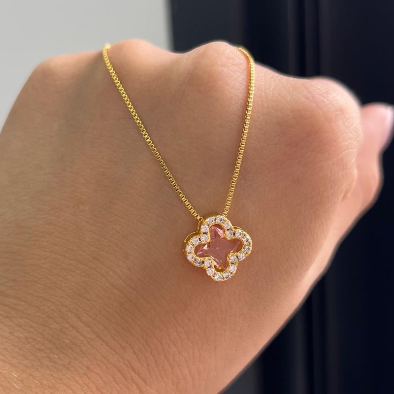 Conjunto Trevo Colar + Brinco Rosa Banho Ouro 18k/Prata 925