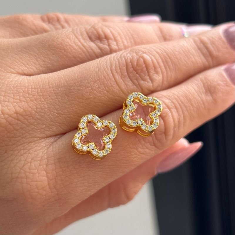 Conjunto Trevo Colar + Brinco Rosa Banho Ouro 18k/Prata 925