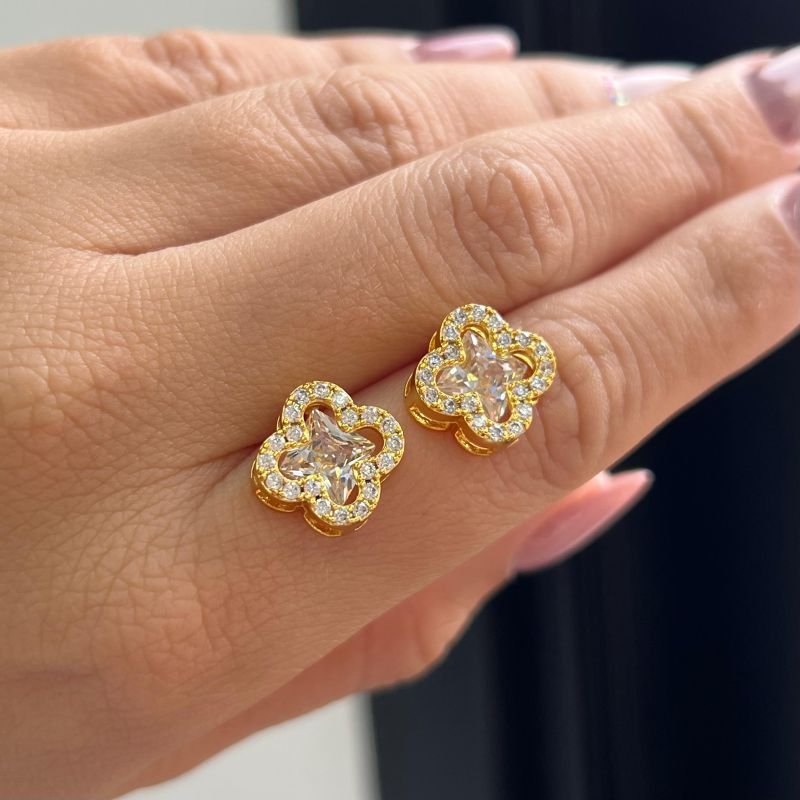 Conjunto Trevo Colar + Brinco Cristal Banho Ouro 18k/Prata 925