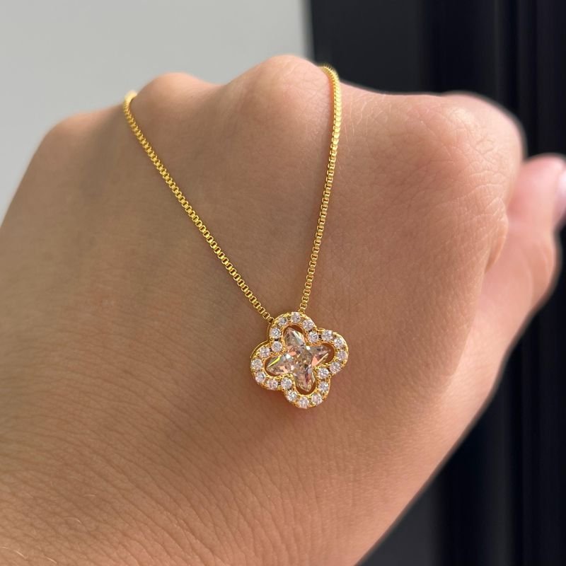 Conjunto Trevo Colar + Brinco Cristal Banho Ouro 18k/Prata 925