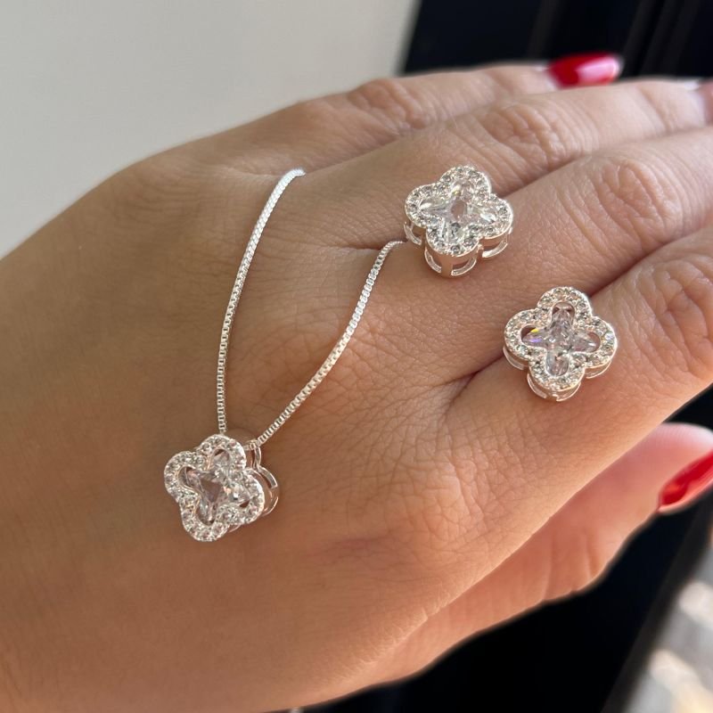 Conjunto Trevo Colar + Brinco Cristal Banho Ouro 18k/Prata 925