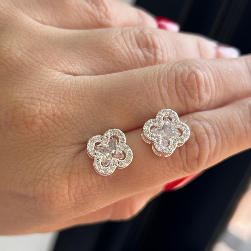 Conjunto Trevo Colar + Brinco Cristal Banho Ouro 18k/Prata 925