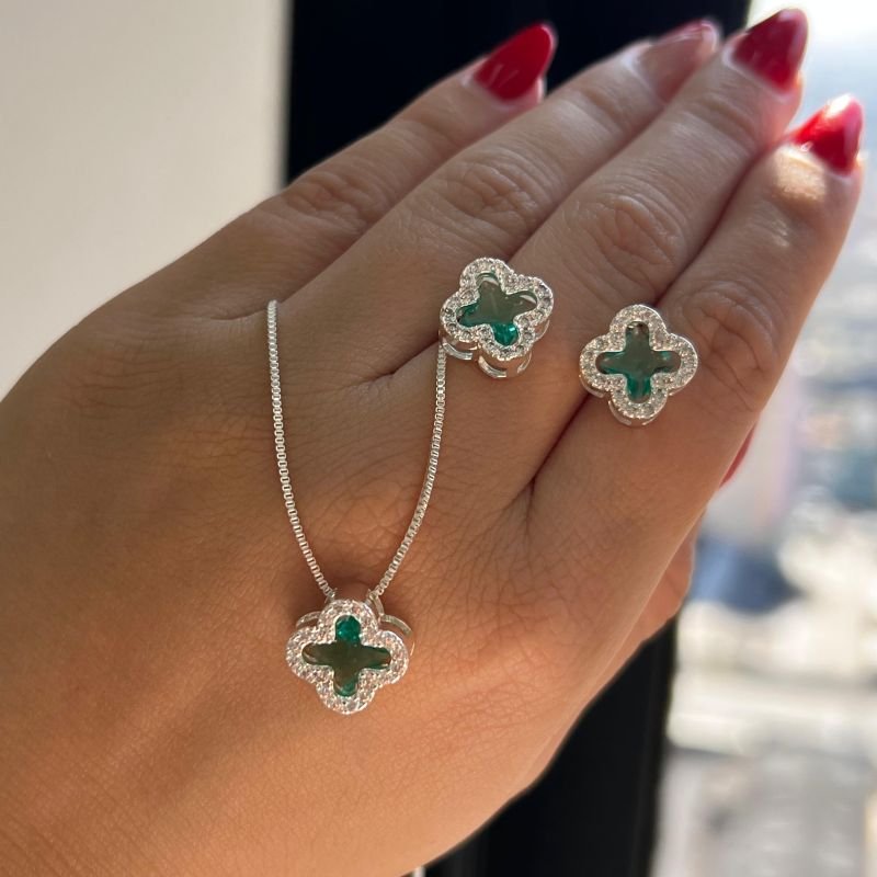 Conjunto Trevo Colar + Brinco Banho Ouro 18k/Prata 925