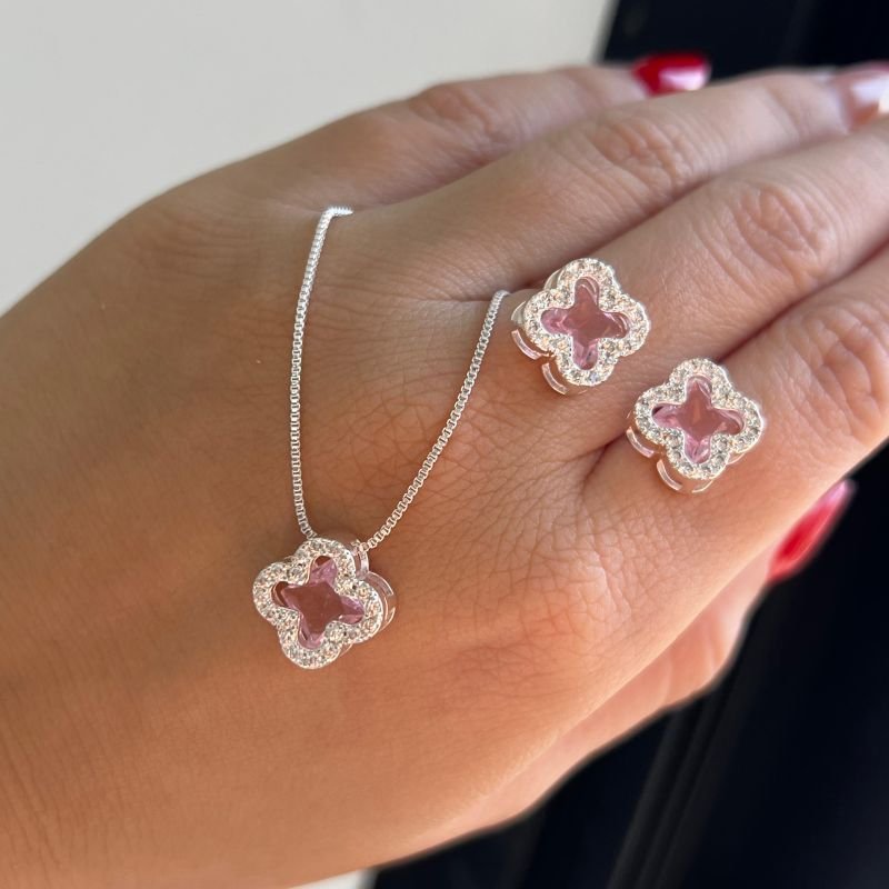 Conjunto Trevo Colar + Brinco Rosa Banho Ouro 18k/Prata 925