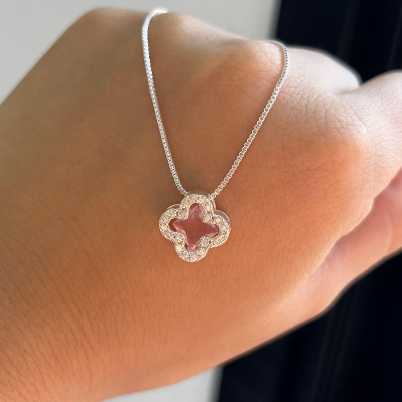 Conjunto Trevo Colar + Brinco Rosa Banho Ouro 18k/Prata 925