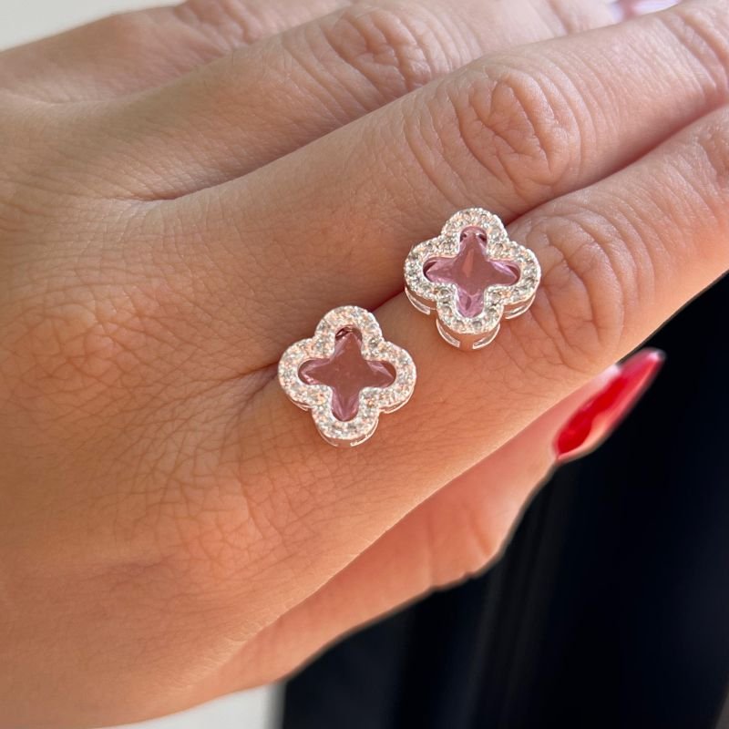 Conjunto Trevo Colar + Brinco Rosa Banho Ouro 18k/Prata 925