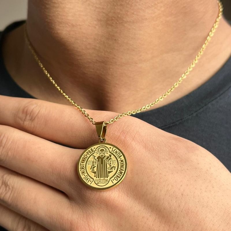 Corrente Masculina São Bento Frente/Verso Aço Inoxidável Dourado/Ródio