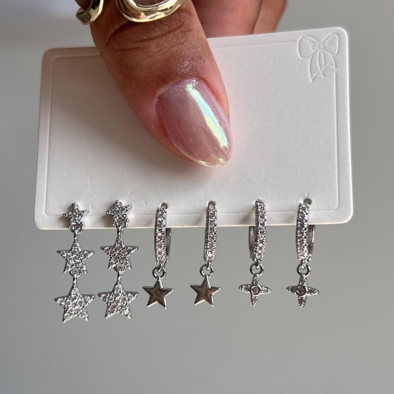 Kit de Brinco Três Estrelas Cravejado Biju Fina Dourado/Ródio