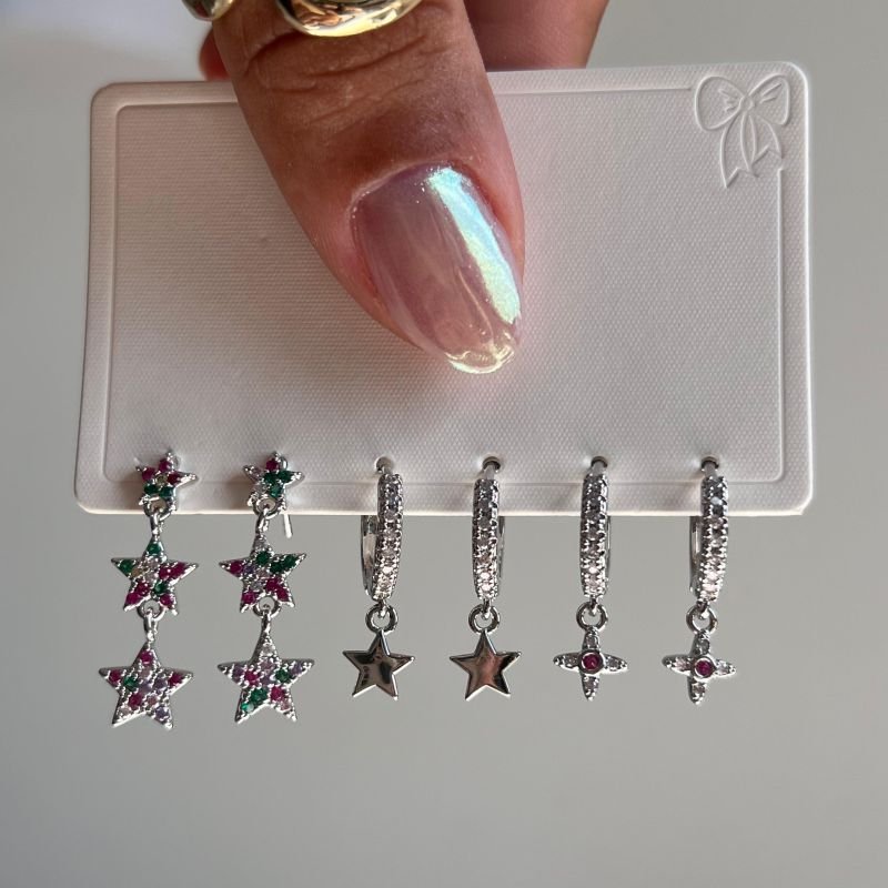 Kit de Brinco Três Estrelas Multicolor Cravejada Biju Fina Dourado/Ródio