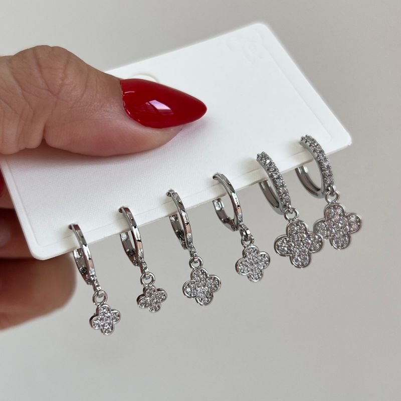 Kit de Brinco Trevo Cravejado Biju Fina Ródio