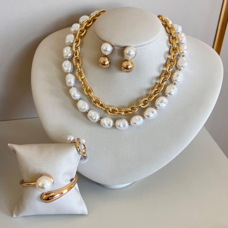 Mix Completo: Colar Duplo + Brinco + Bracelete + Anel Biju Fina Dourado