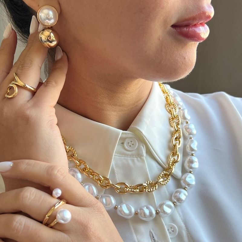 Mix Completo: Colar Duplo + Brinco + Bracelete + Anel Biju Fina Dourado
