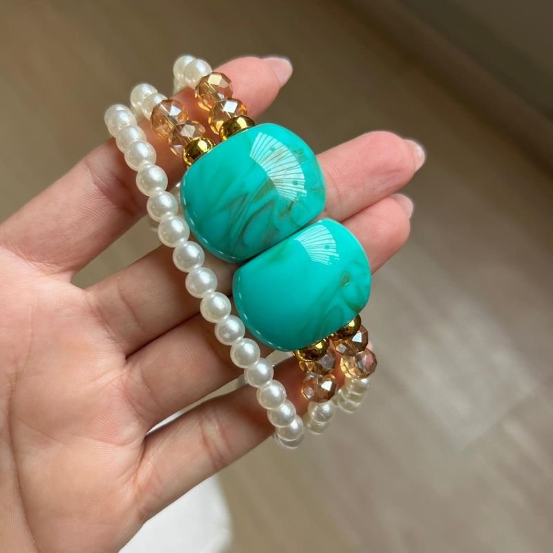 Mix De Pulseiras C/ Resina Azul Turquesa Linha Biju Fina