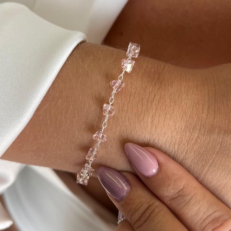 Pulseira Cristal Rosa Banho Ouro 18k/Prata 925