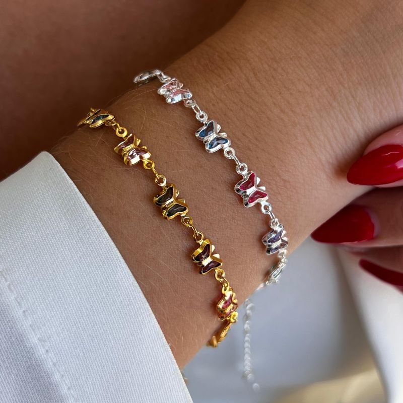 Pulseira Borboleta Multicolor Banho Ouro 18k/Prata 925