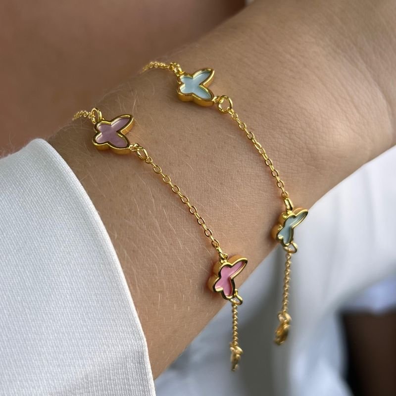 Pulseira Borboleta Resinada Banho Ouro 18k