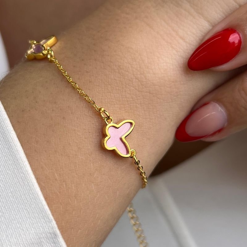 Pulseira Borboleta Resinada Banho Ouro 18k