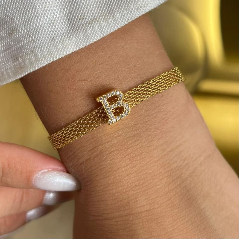 Pulseira Esteira c/ Inicial Banho Ouro 18k