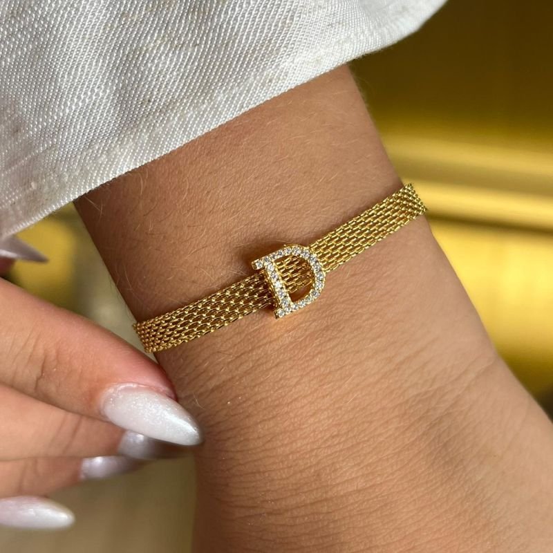 Pulseira Esteira c/ Inicial Banho Ouro 18k