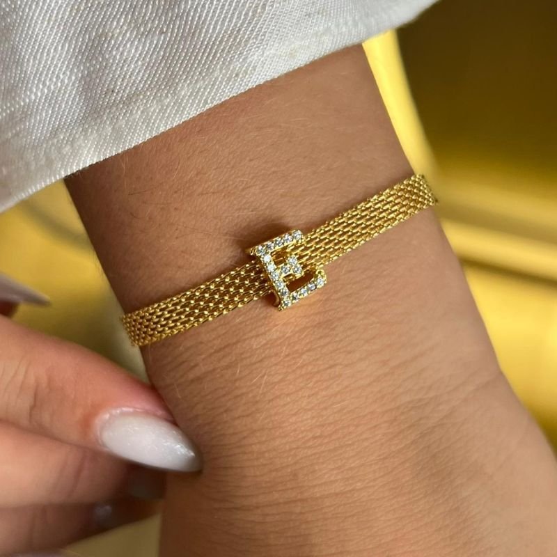 Pulseira Esteira c/ Inicial Banho Ouro 18k