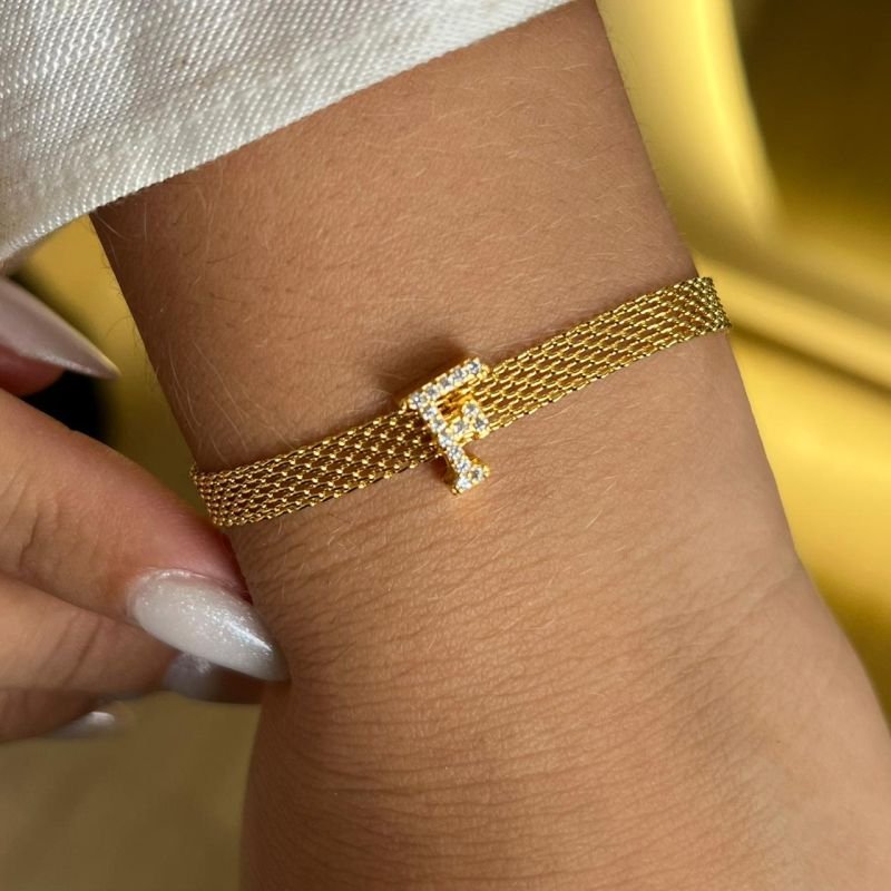 Pulseira Esteira c/ Inicial Banho Ouro 18k