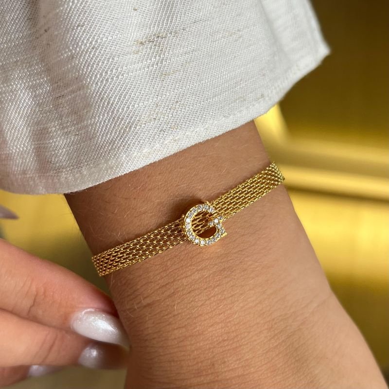 Pulseira Esteira c/ Inicial Banho Ouro 18k