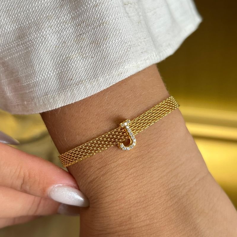Pulseira Esteira c/ Inicial Banho Ouro 18k