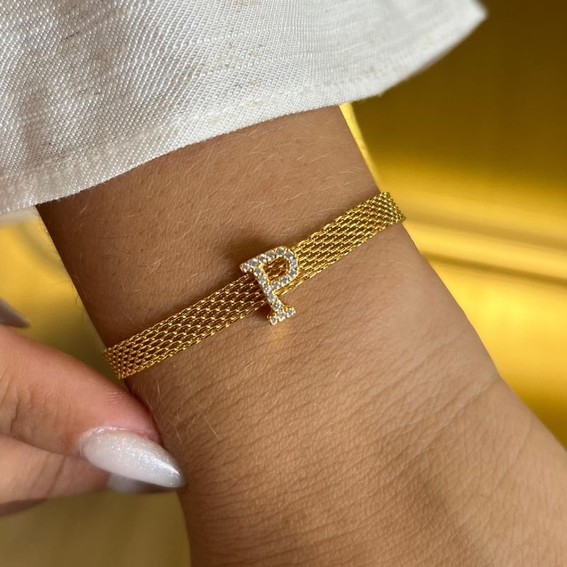 Pulseira Esteira c/ Inicial Banho Ouro 18k