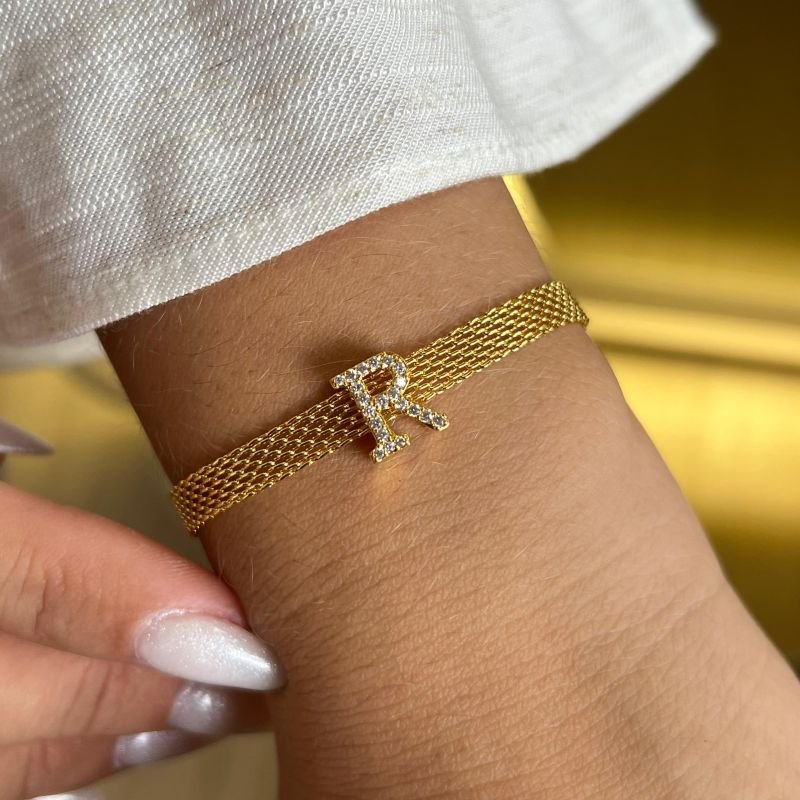 Pulseira Esteira c/ Inicial Banho Ouro 18k