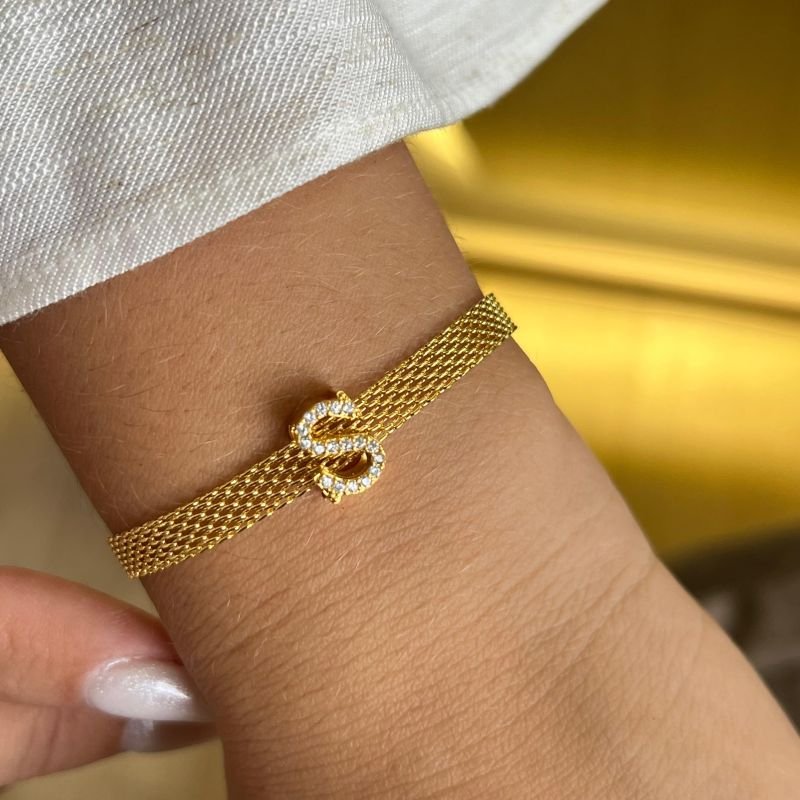 Pulseira Esteira c/ Inicial Banho Ouro 18k