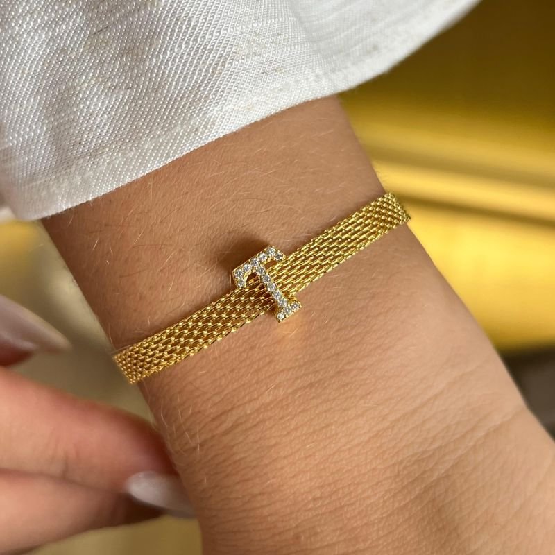 Pulseira Esteira c/ Inicial Banho Ouro 18k