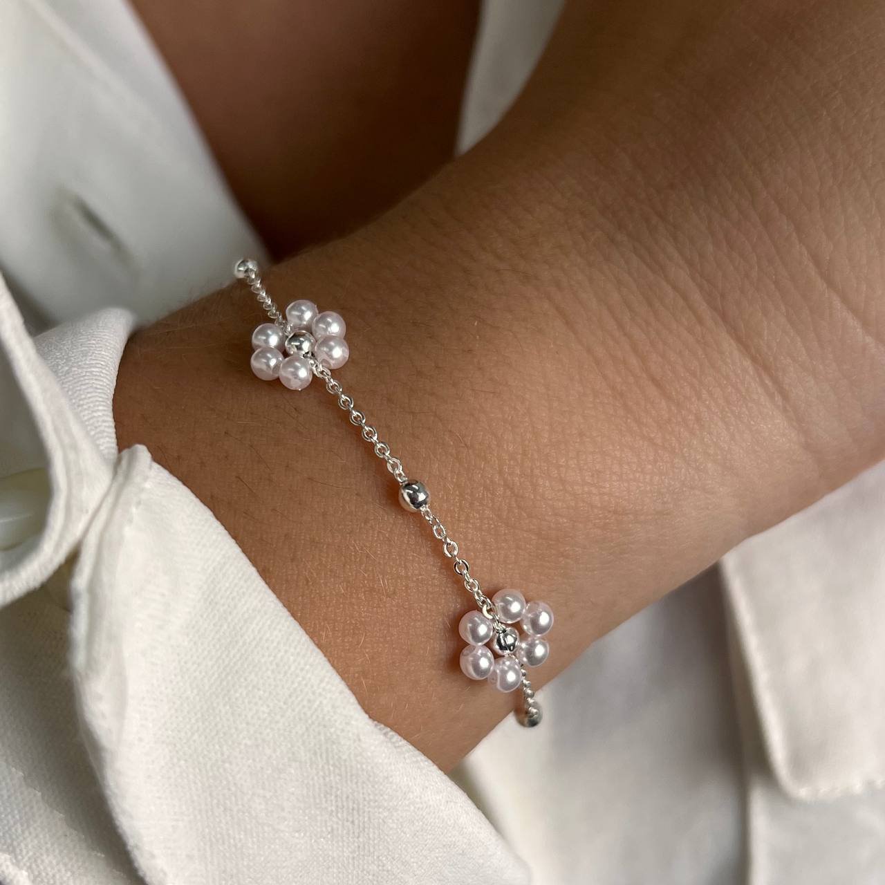 Pulseira Flor Pérola Banho Ouro 18k/Prata 925