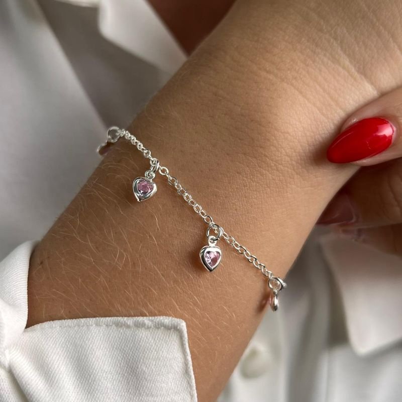 Pulseira de Coração Rosa Banho Ouro 18k/Prata 925