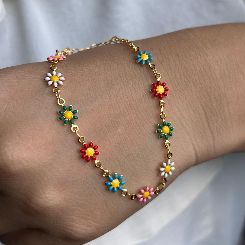 Pulseira Multicor De Flor Resinada Banho Ouro18k/Prata 925
