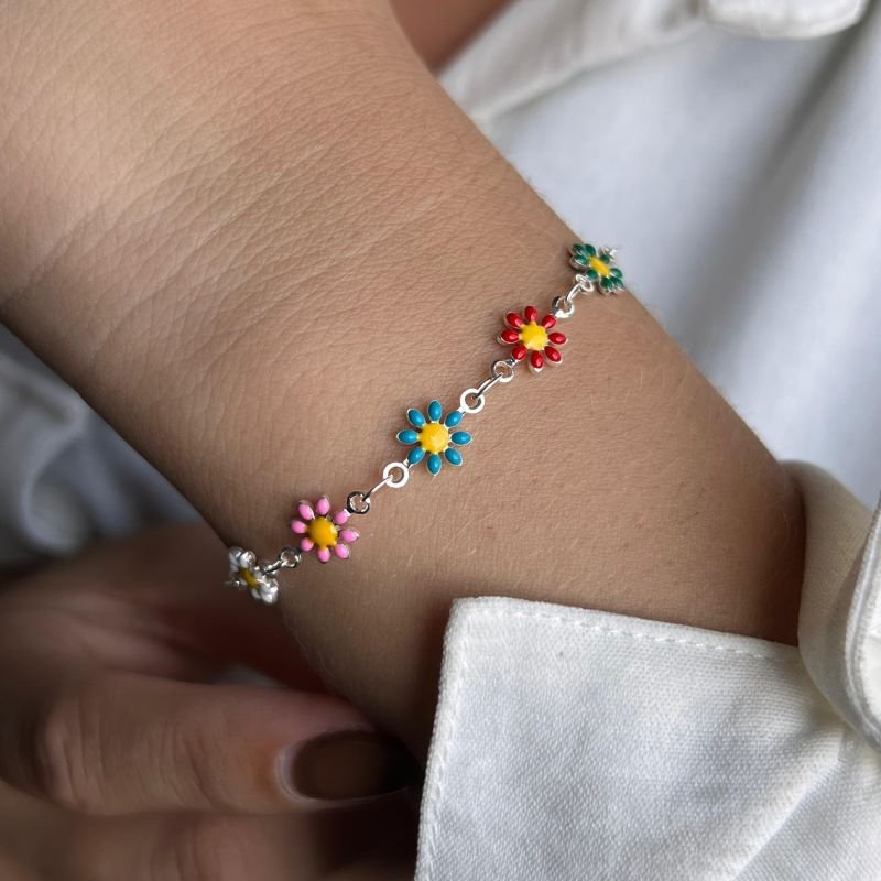 Pulseira Multicor De Flor Resinada Banho Ouro18k/Prata 925