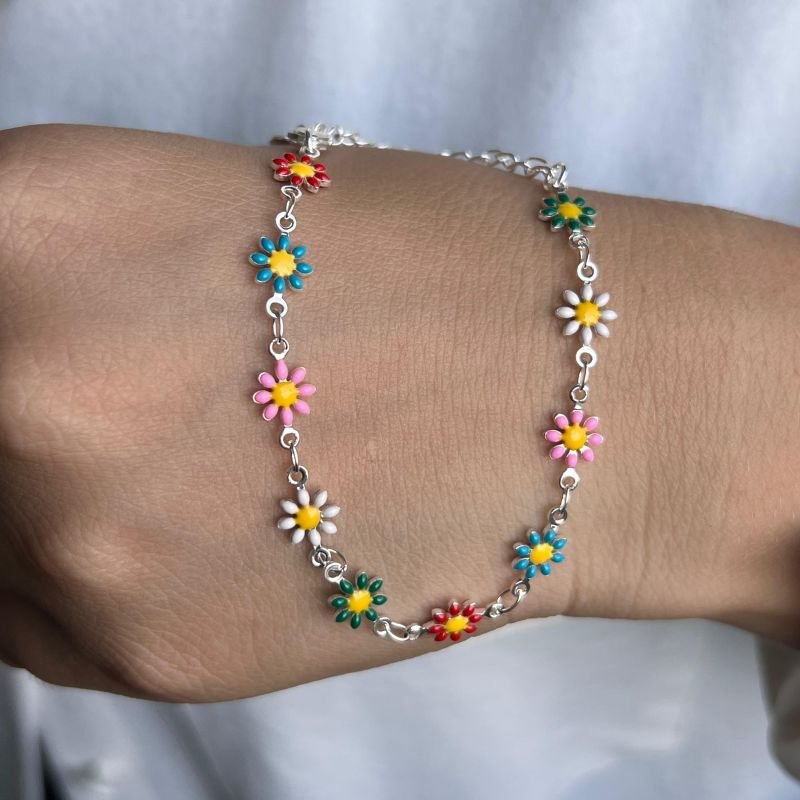 Pulseira Multicor De Flor Resinada Banho Ouro18k/Prata 925