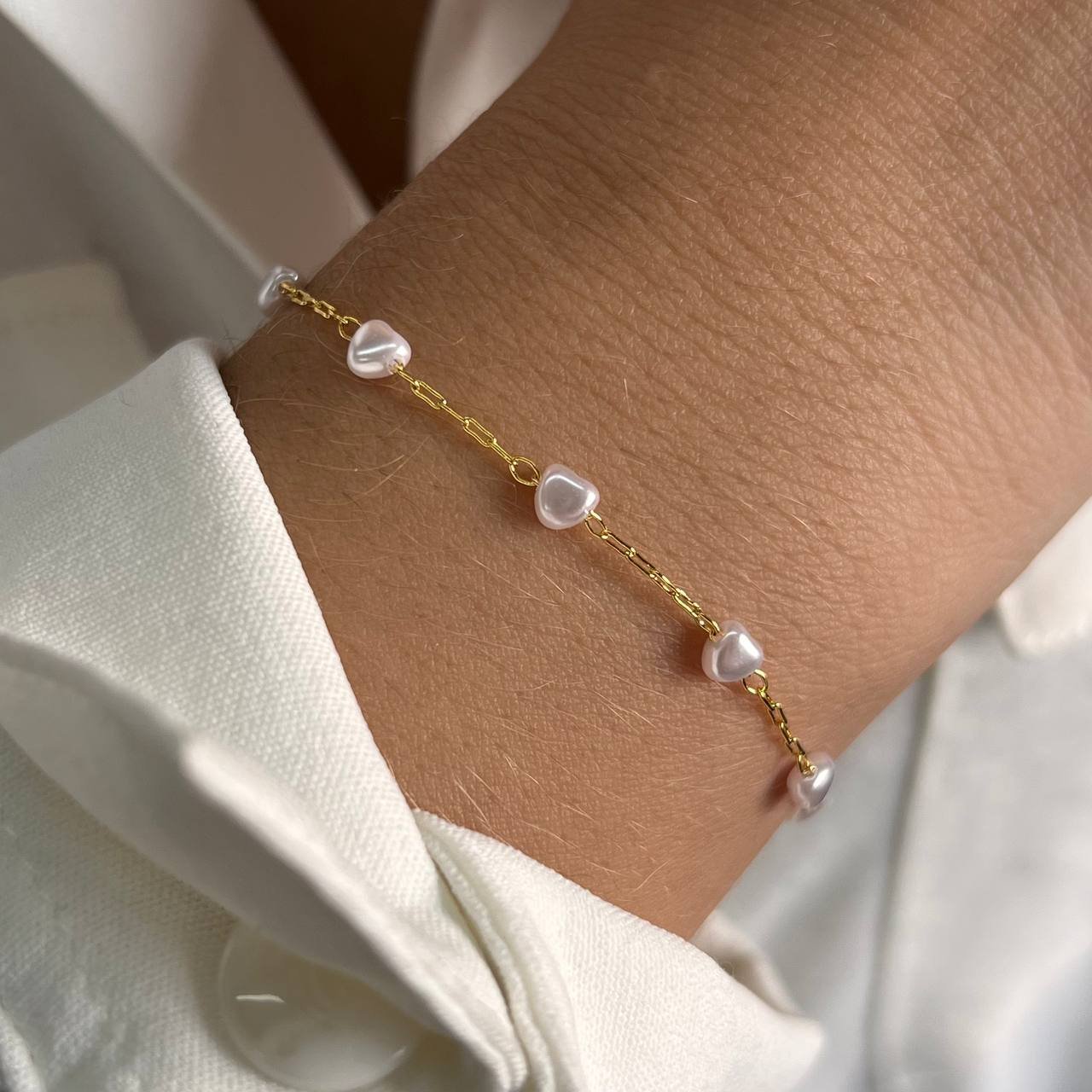 Pulseira Pérola Coração Banho Ouro 18k/Prata 925