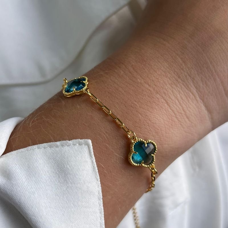 Pulseira Trevo Cristal Azul Banho Ouro 18k/Prata 925