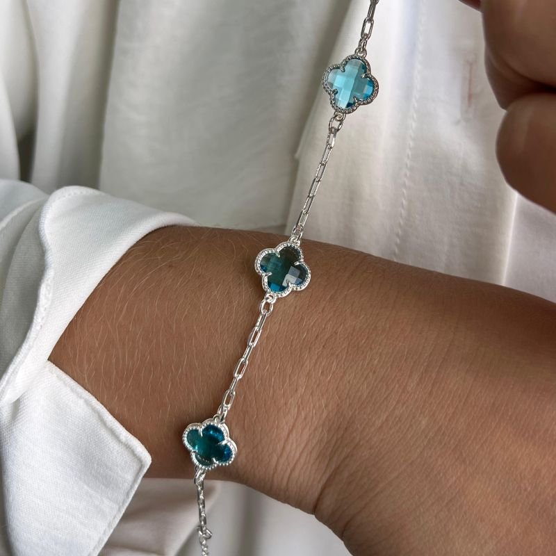 Pulseira Trevo Cristal Azul Banho Ouro 18k/Prata 925